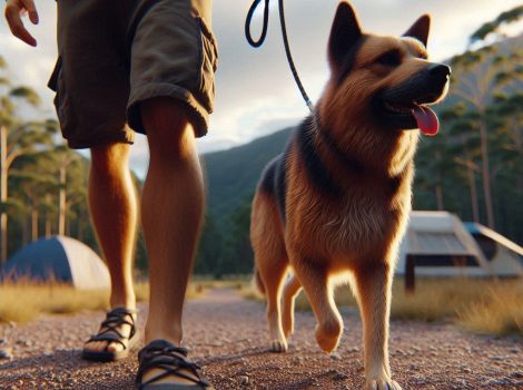 a close up realistic photo of a person walking a dog on a leash at a camp grounds in Australia Queensland (1)